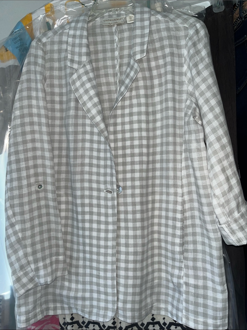 Cynthia Rowley Single breasted 1 button Linen Blazer Gray  & White Gingham Large